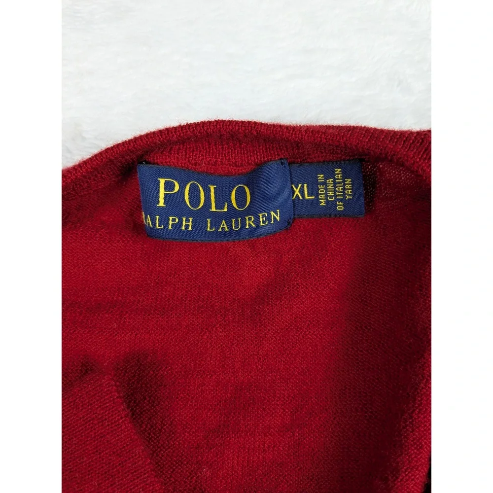 Polo Ralph Lauren‎ Mens Red V Neck Long Sleeve Merino Wool Sweater XL READ